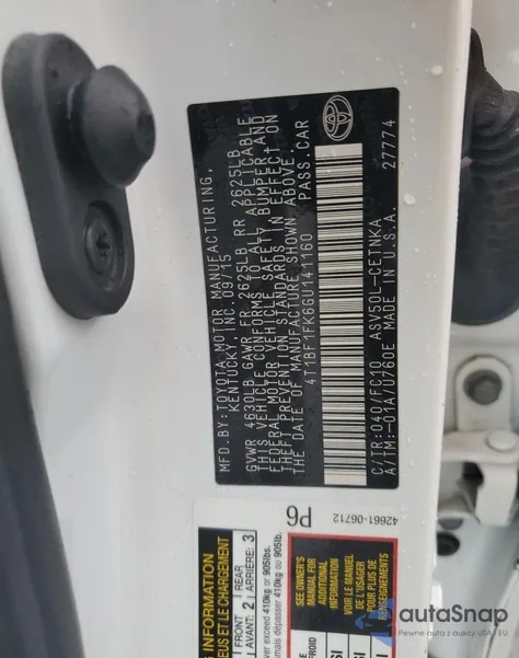 2016 Toyota Camry Le from USA, damaged, VIN 4T1BF1FK6GU141160